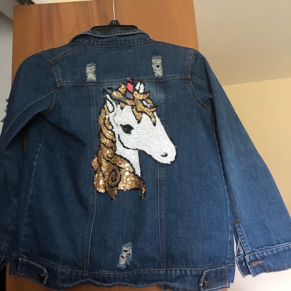 Blue Jean jacket with sequin unicorn